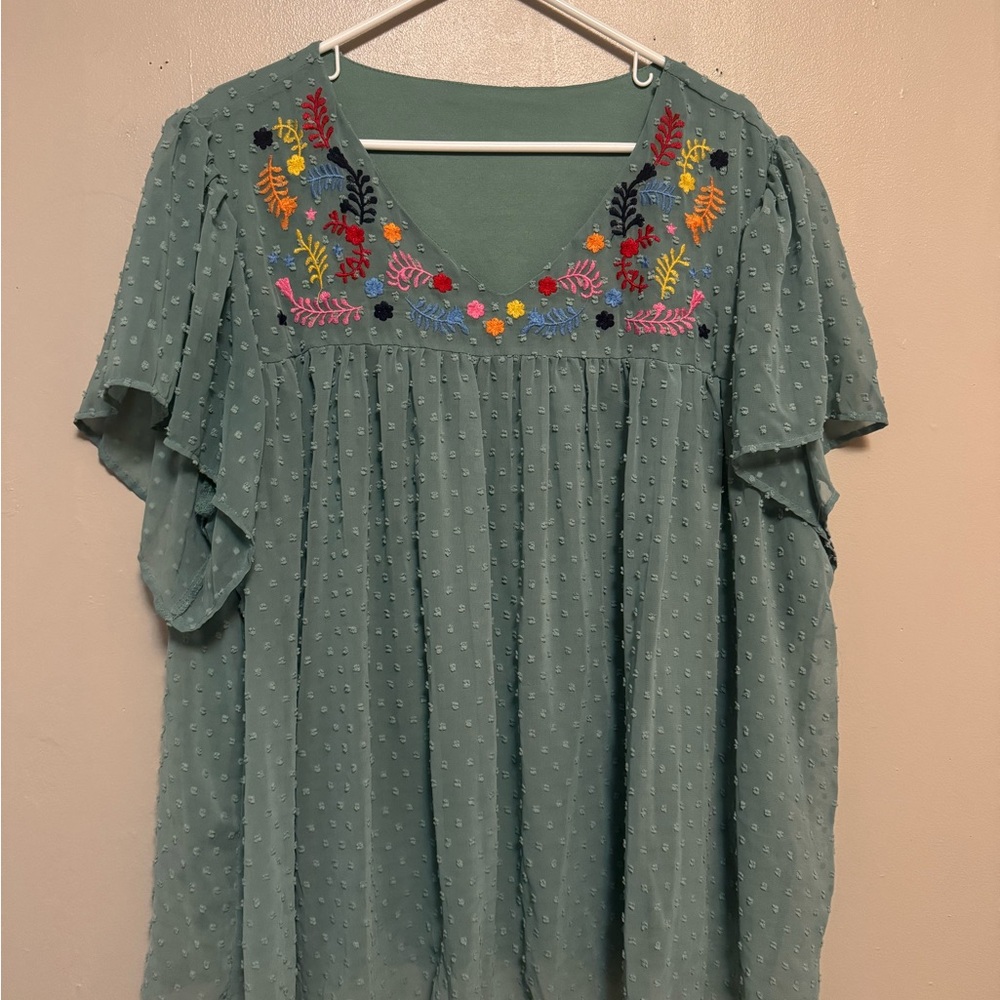 Embroidered Green Women's Top